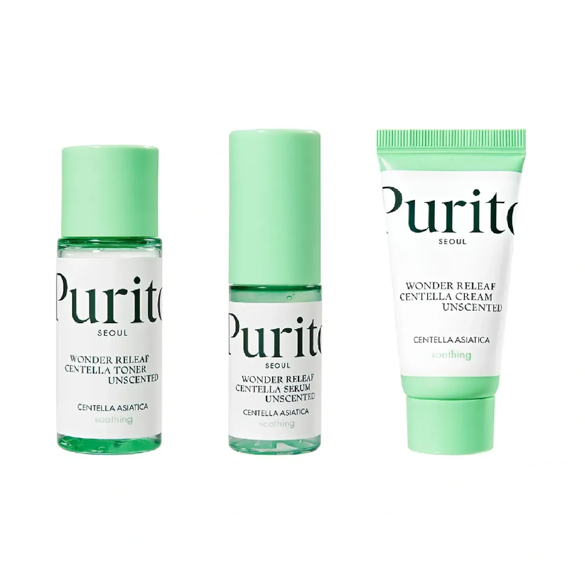 Набор средств с центеллой без эфирных масел Purito Seoul Wonder Releaf Centella Mini Kit Unscented 3 в 1