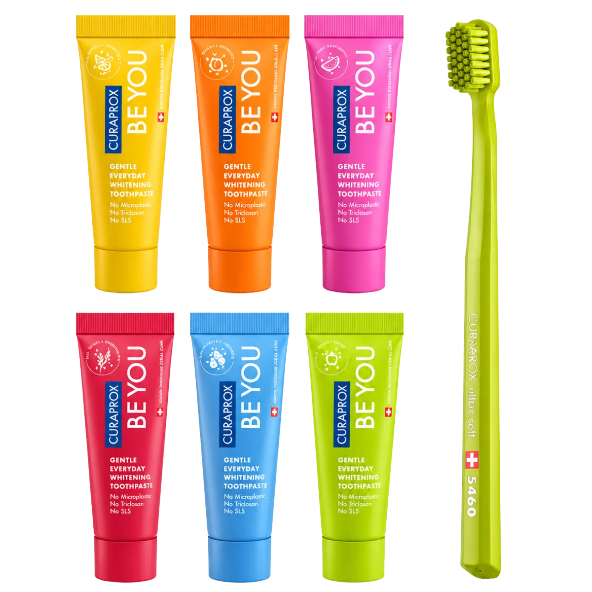 Набор осветляющих мини-зубных паст и щетка CS 5460 Ultra Soft Curaprox Be You Six Taste Pack 7 в 1