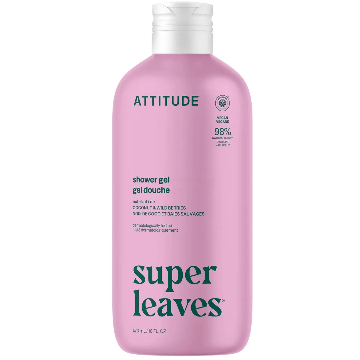 Гель для душу зволожувальний "Кокос та Лісові ягоди" Super leaves Attitude Body Wash Coconut & Wild Berries 473 мл